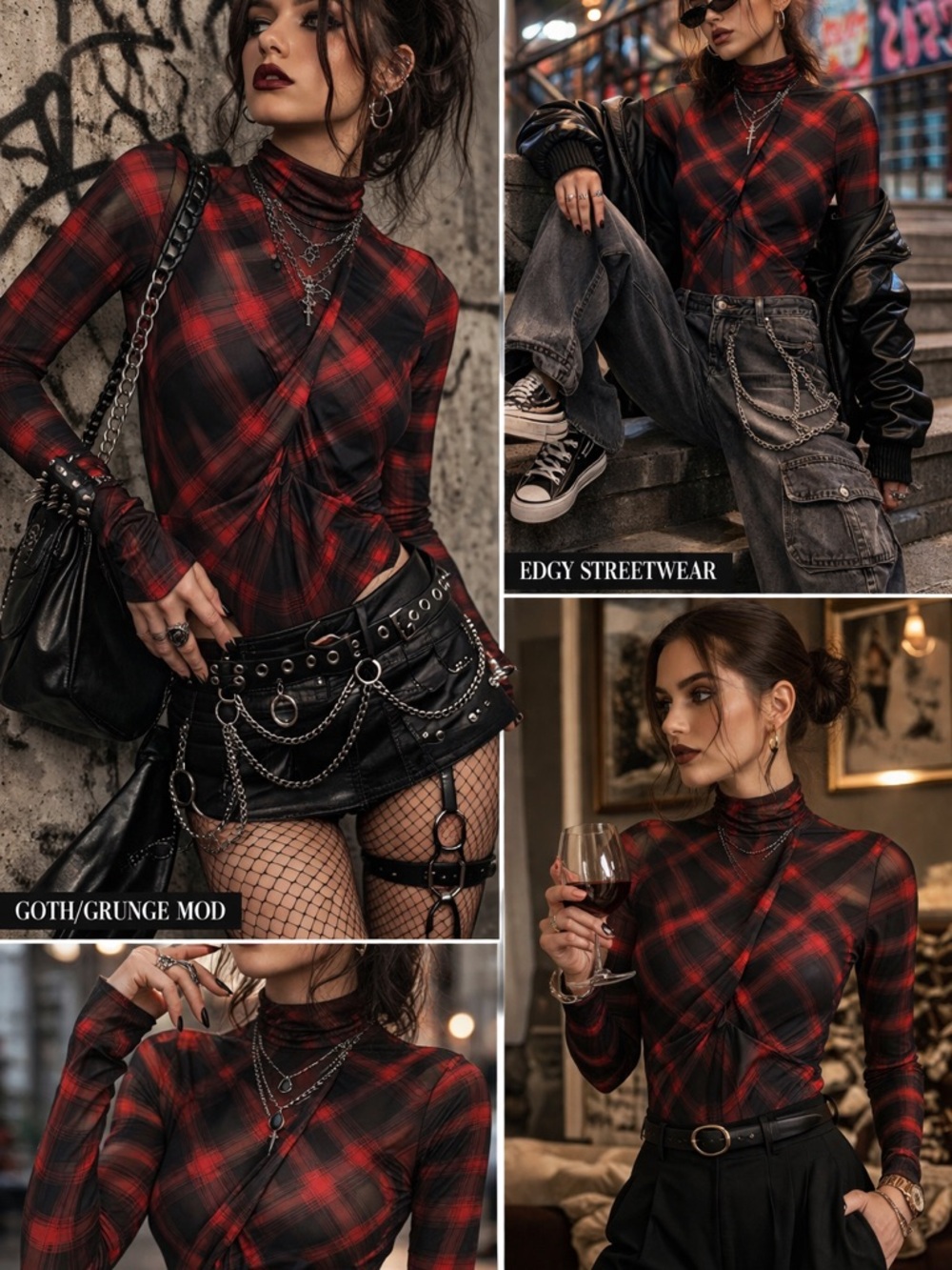NWT Red Black‎ plaid sheer mesh crisscross cutout turtleneck chic top